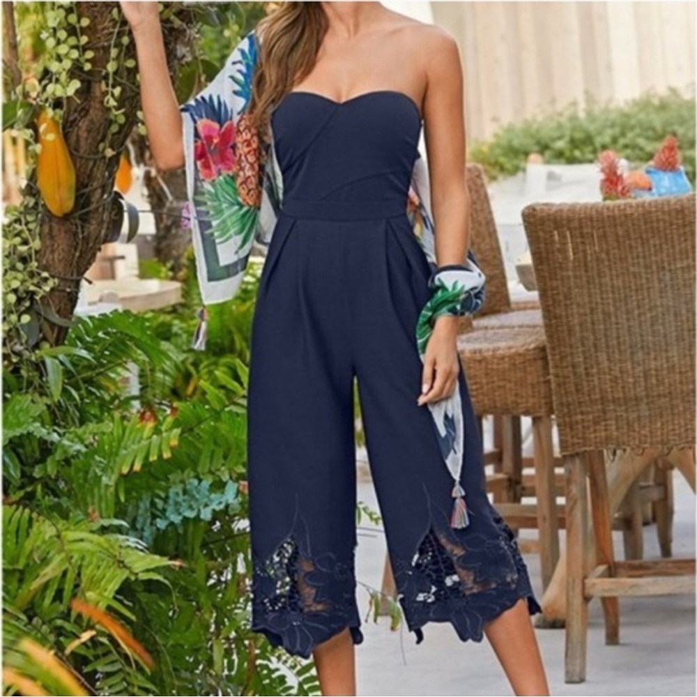 Bailey Blue Navy Strapless Jumpsuit with Floral Lace